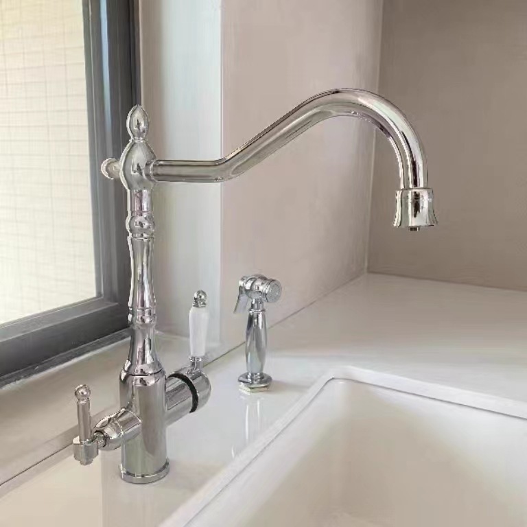 Brass Bridge Kitchen Faucet Unlacquered Side Sprayer Hot Cold  Kitchen Faucet