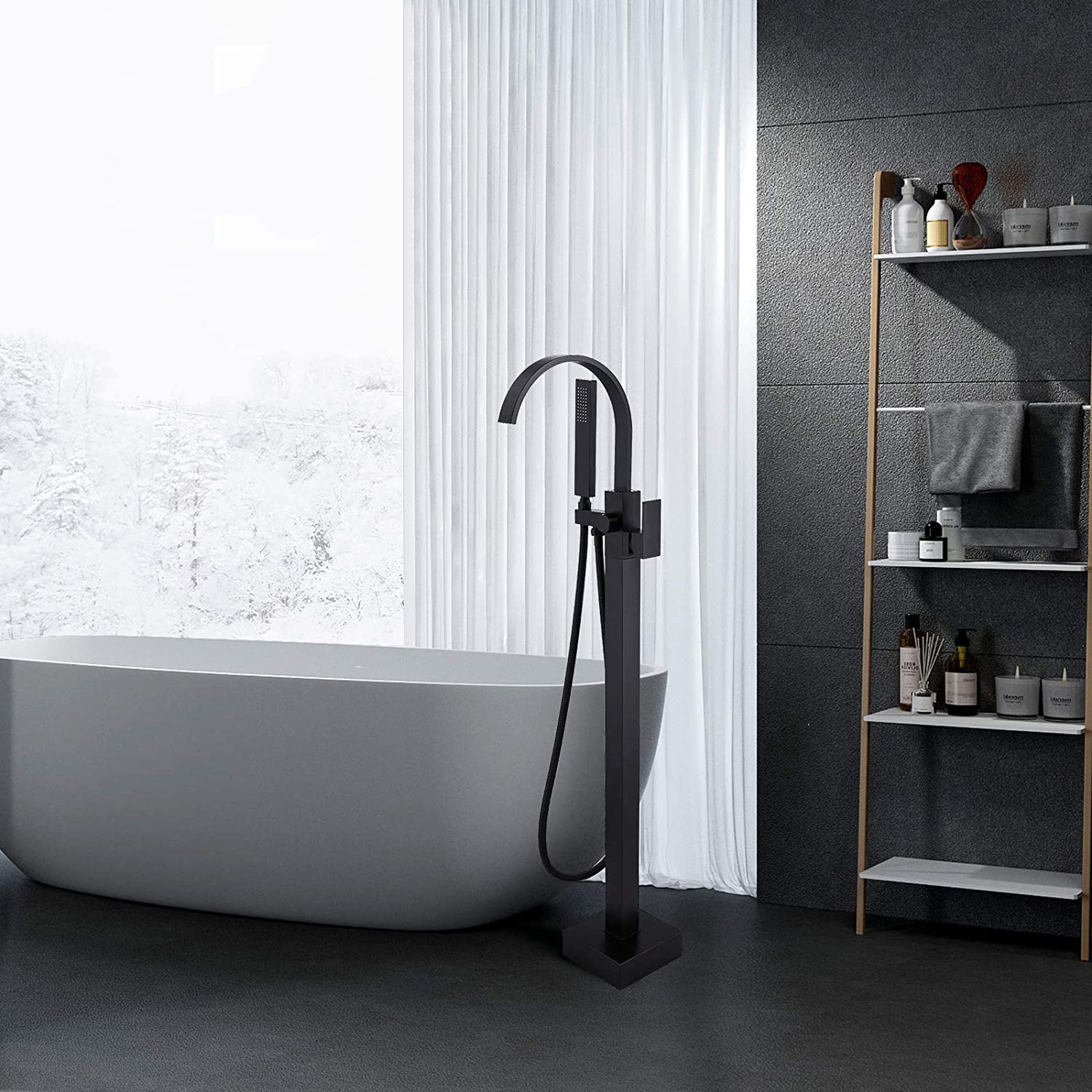 Luxury Matte Black Floor Mount Free Standing Bath Tub Faucet Bathtub Spout With Shower Head