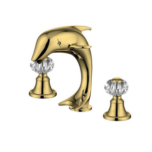 2 Crystal Handles 3-Hole 8-Inch Vanity Basin Mixer Tap Dolphin Gold Bathroom Faucet