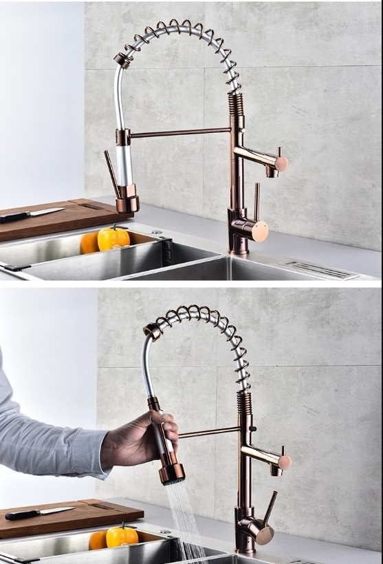 Brass kitchen Sink Tap Rose Gold Multi Function Spring Kitchen Faucet