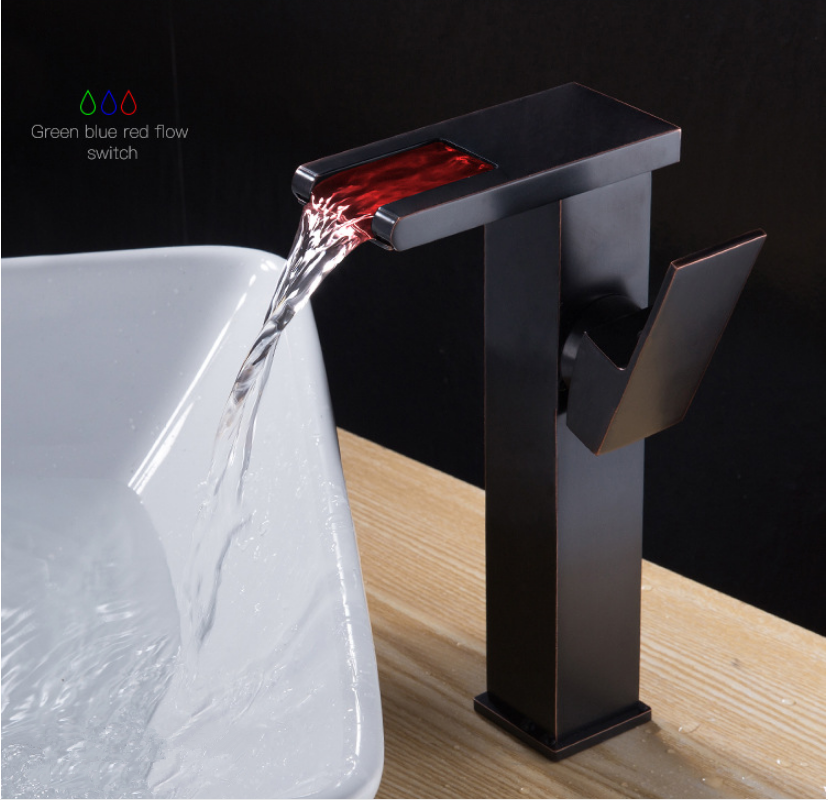 LED Waterfall Sink Taps Black New Square Water Tap Bath Deck Mounted Basin Faucet