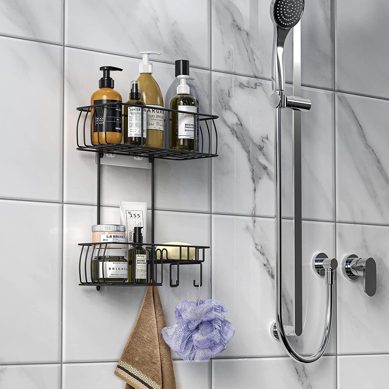 Anti-Swing Hanging Shower Caddy Rustproof Over Head Shower Caddy Shelf with hooks for Towels