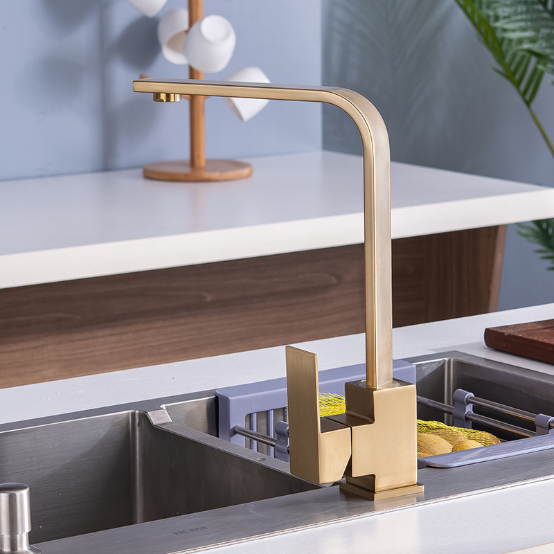 Modern Square Kitchen Tap Brushed Gold Sink Faucets Hot And Cold Mixers