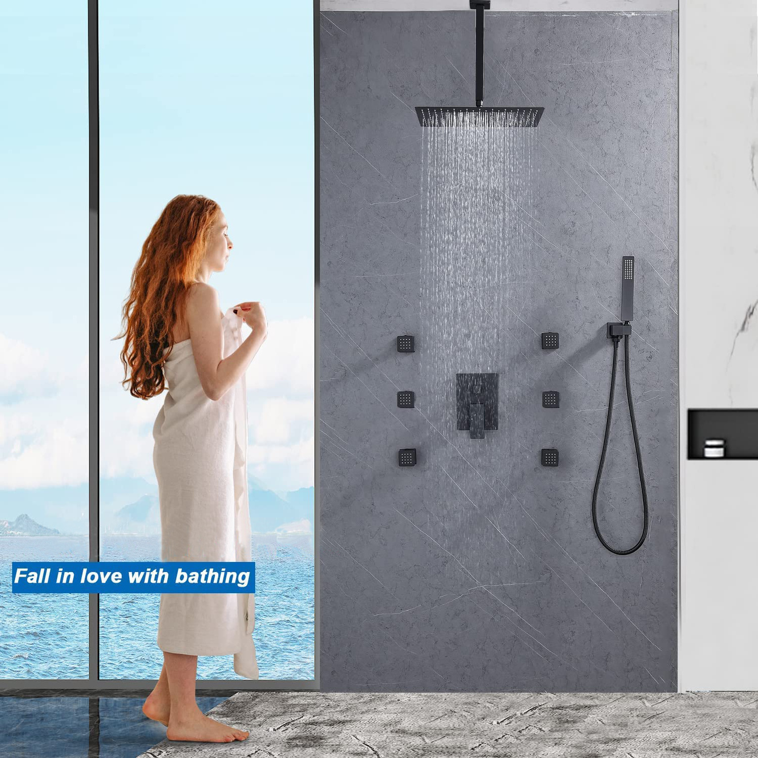 12 Inches Ceiling Mount Shower System 3 Functions Bathroom Shower Combo Set with Body Jets and Hand Spray