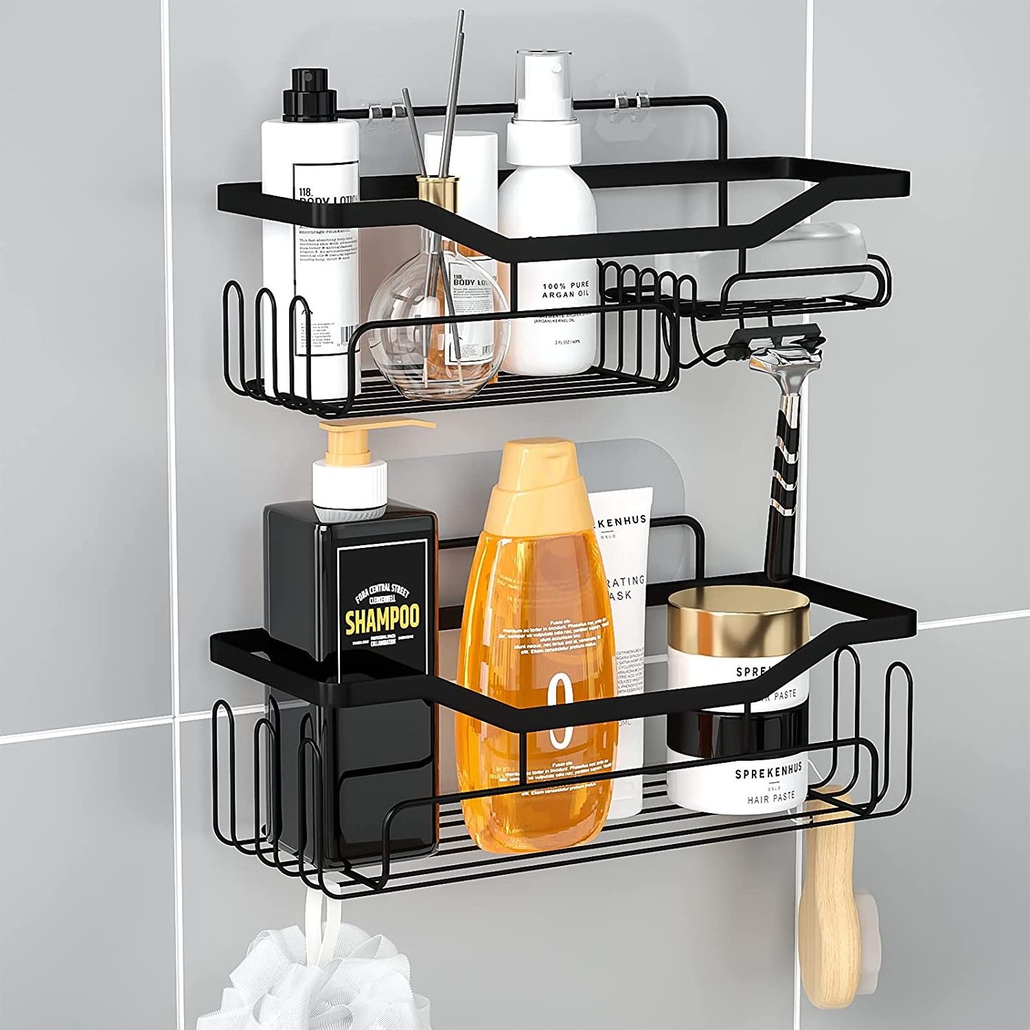 Shower Caddy Shower Organizer Hang on Wall Black Dual Tiers Basket Shelves