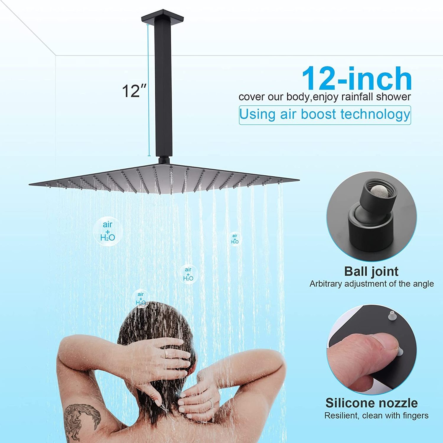 12 Inches Ceiling Mount Shower System 3 Functions Bathroom Shower Combo Set with Body Jets and Hand Spray