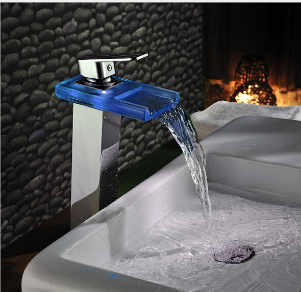 Modern  Led Waterfall Glass Basin Tap Hot and Cold Water Faucet Intelligent Luminous Color Changing Basin Wash Bathroom Faucet