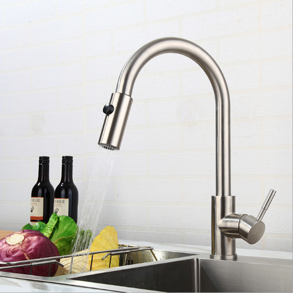 Commercial Brushed Nickel Stainless Steel Single Handle Single Lever Pull Out  Sprayer Kitchen Water Faucet