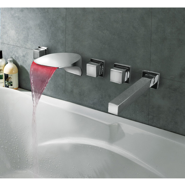 Widespraed 5pcs LED Light Waterfall Spout Bathtub Faucet with Hand Shower