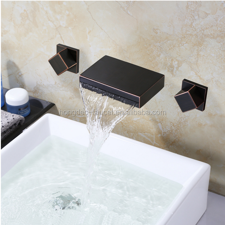 Double Handles Wall Mount Widespread Waterfall Bathtub Bathroom Vanity Sink Faucet