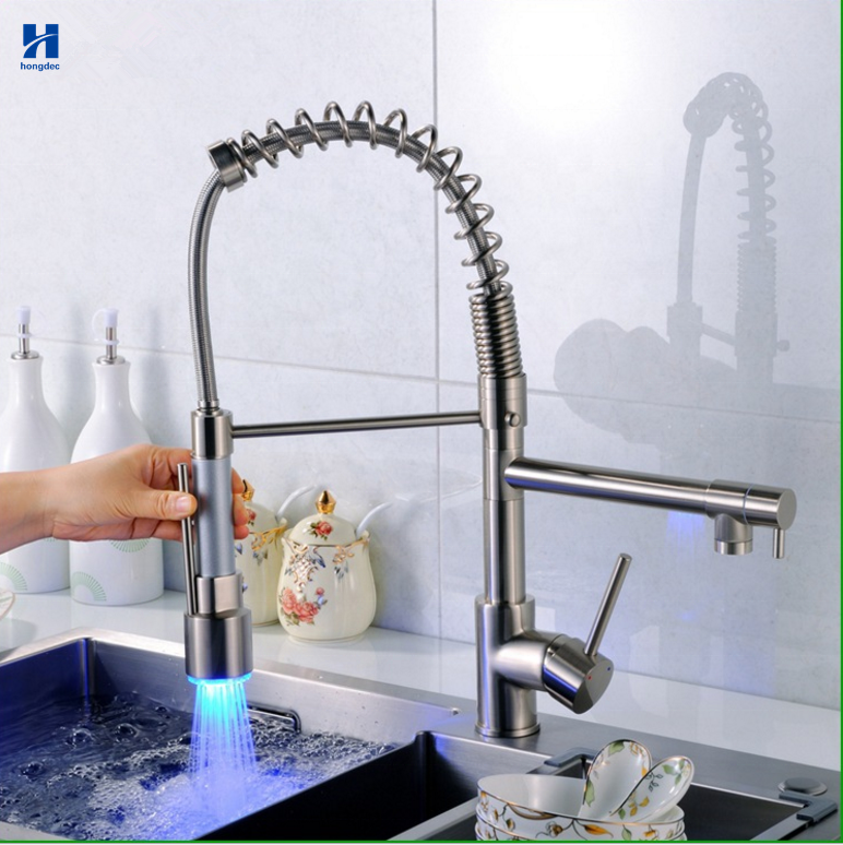 LED Two Spouts Water Facet Brass Brushed Sink Tap Pull Out Kitchen Faucet