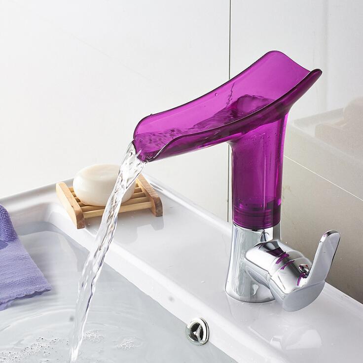 Family Bathroom Multicolor Glass Waterfall Spout Deck Mounted Water Basin Faucet