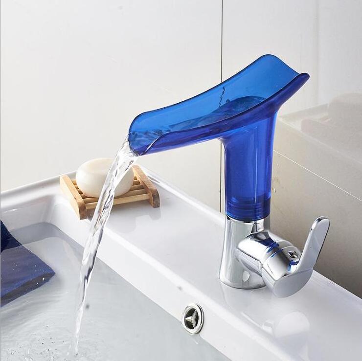 Family Bathroom Multicolor Glass Waterfall Spout Deck Mounted Water Basin Faucet