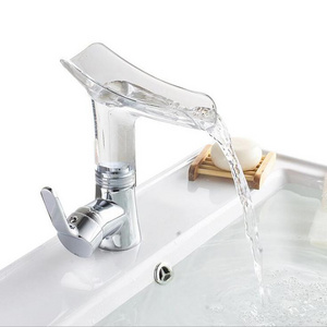 Family Bathroom Multicolor Glass Waterfall Spout Deck Mounted Water Basin Faucet