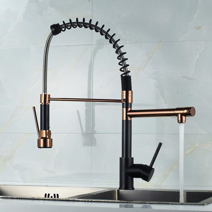 European Style ORB and Rose Gold Spring Stretchable Rotatable Kitchen Faucet