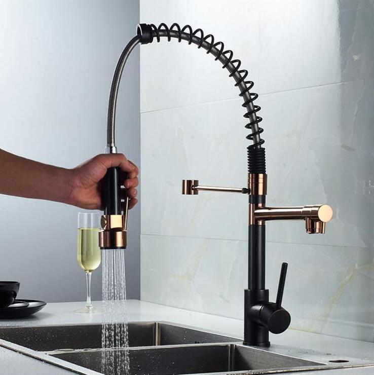 European Style ORB and Rose Gold Spring Stretchable Rotatable Kitchen Faucet