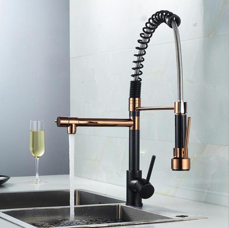 European Style ORB and Rose Gold Spring Stretchable Rotatable Kitchen Faucet