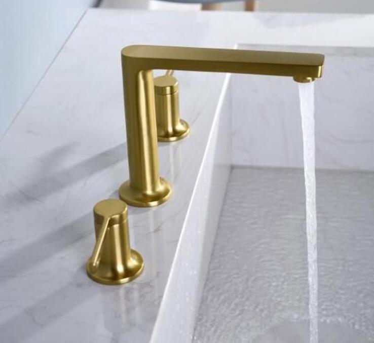 Deck Mounted 3 Holes Bathroom Mixer Tap Brushed Gold Basin Faucet