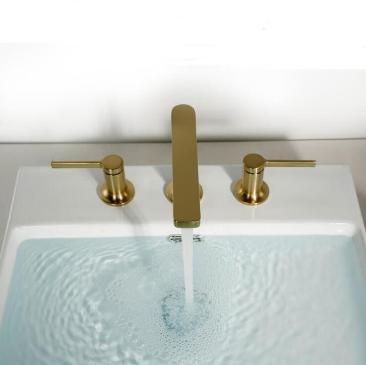 Deck Mounted 3 Holes Bathroom Mixer Tap Brushed Gold Basin Faucet