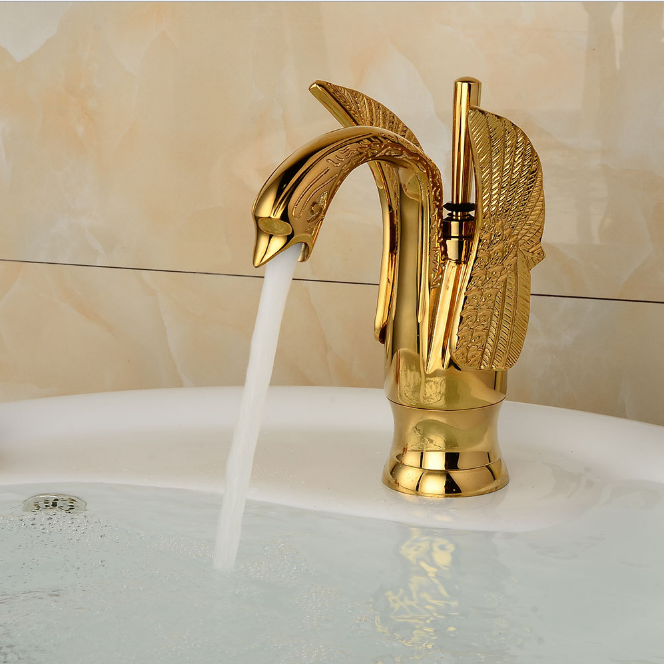 Modern Bathroom Gold Single Handle Deck Mounted Swan Tap Hot Cold Mixer Basin Faucet