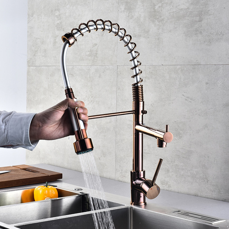 Pull Down Rose Gold High Arc Deck Mounted Spring Kitchen Sink Faucet