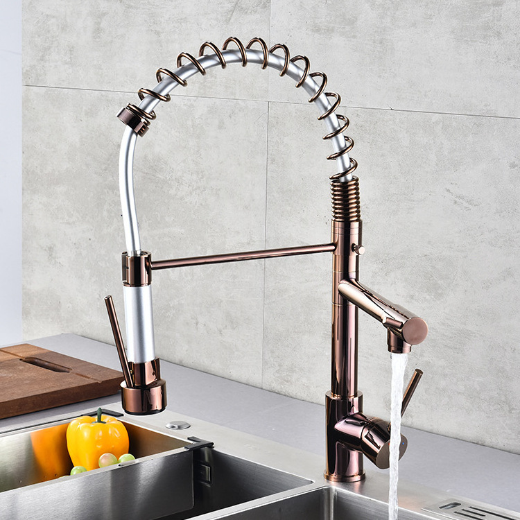 Pull Down Rose Gold High Arc Deck Mounted Spring Kitchen Sink Faucet