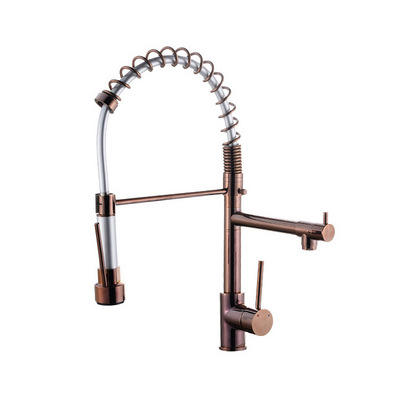 Pull Down Rose Gold High Arc Deck Mounted Spring Kitchen Sink Faucet