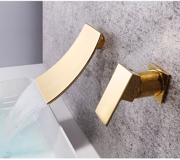 New Design Hot Sell Bathroom Brushed Gold Waterfall Wall Mounted Basin Faucet