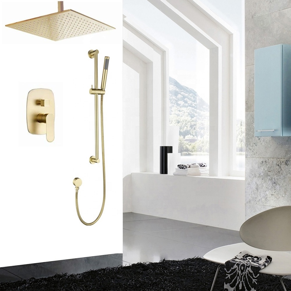 Brushed Gold 12 Inches Rainfall Shower Head Adjustable Slide Bar Shower Set Faucet