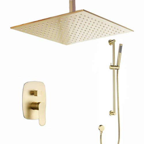 Brushed Gold 12 Inches Rainfall Shower Head Adjustable Slide Bar Shower Set Faucet