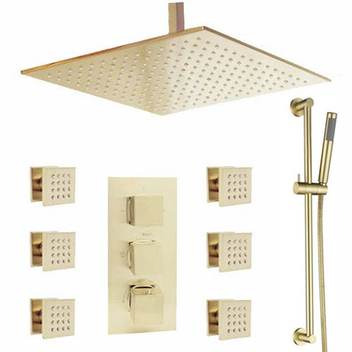 Luxury Brushed Gold 16 inches Ceiling Thermostatic Shower Head Set