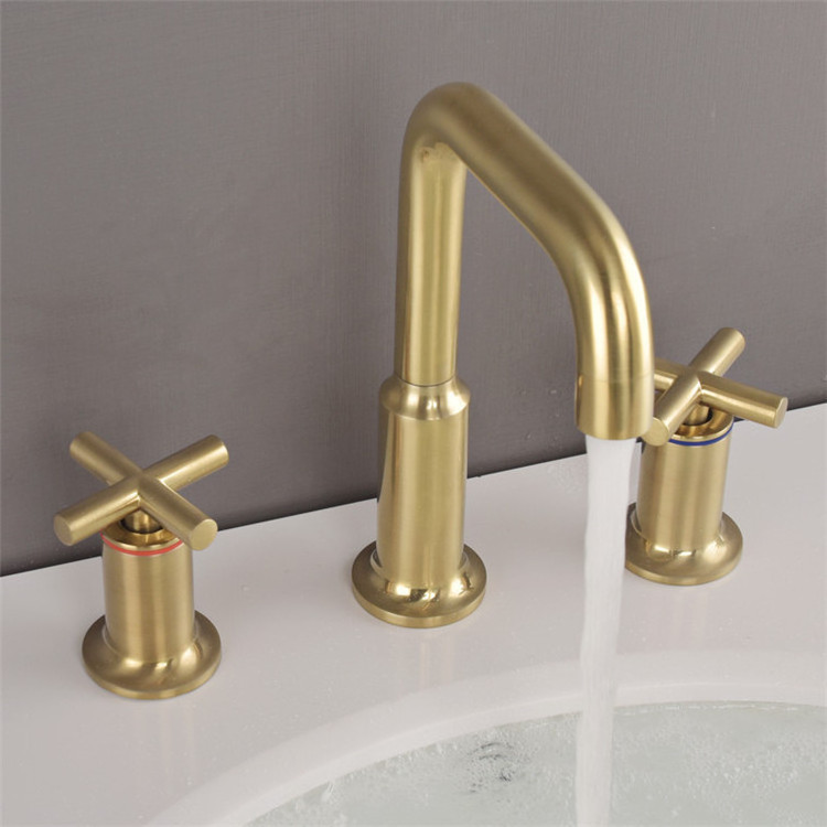 Brushed Gold Antique Split Basin Mixer Double Handle Three Hole Copper Cross Handle Wash basin Faucet Hot Sell