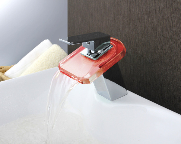 Bathroom LED Light Sink Faucet Waterfall Glass Spout Basin Faucet Water Mixer Sink Tap