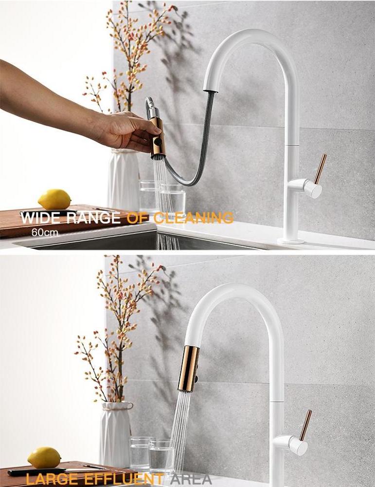 New Design White and Gold Pull Out Kitchen Mixer Sink Faucet