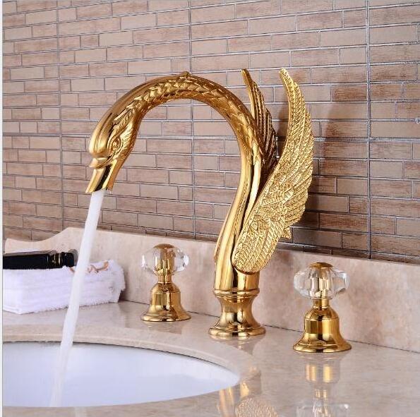 Bathroom Crystal Knobs 3 holes Golden Basin Mixer Swan Tap