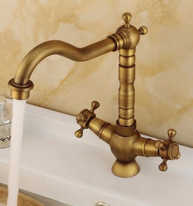 High Quality Dual Handle Brass Antique Brushed Gold Bathroom Basin Faucet