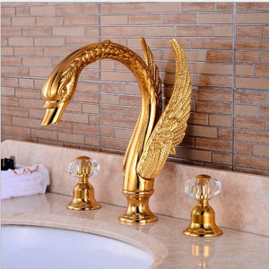 Bathroom Crystal Knobs 3 holes Golden Basin Mixer Swan Tap