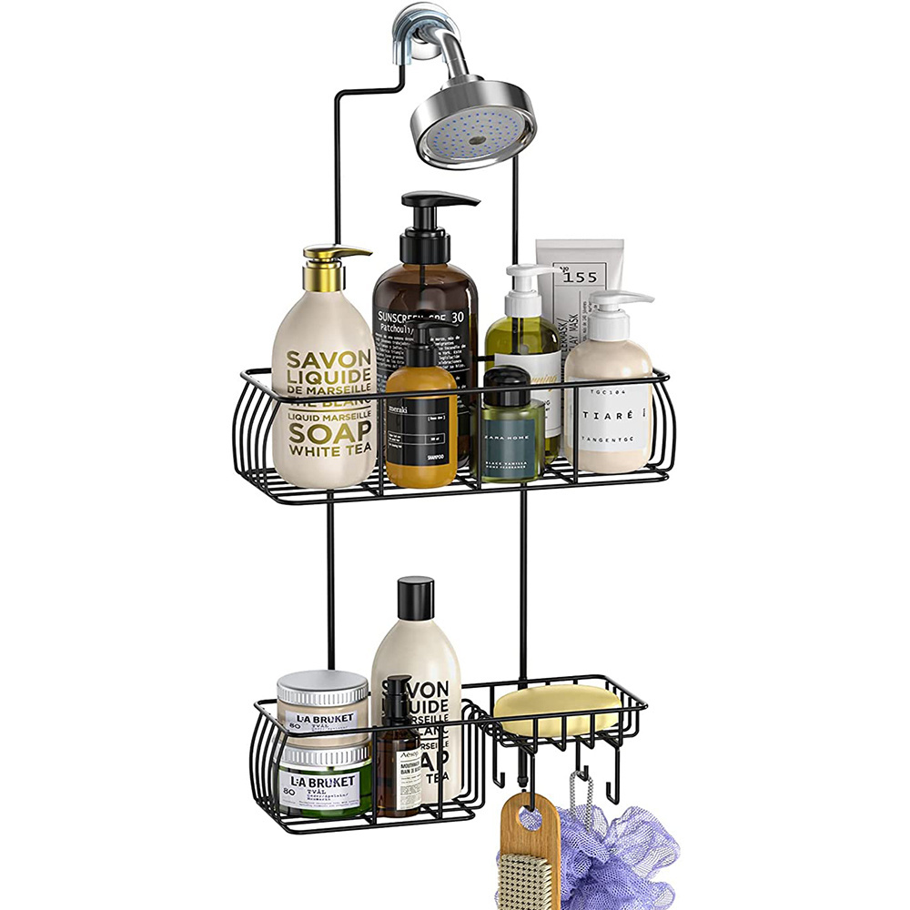 Anti-Swing Hanging Shower Caddy Rustproof Over Head Shower Caddy Shelf with hooks for Towels