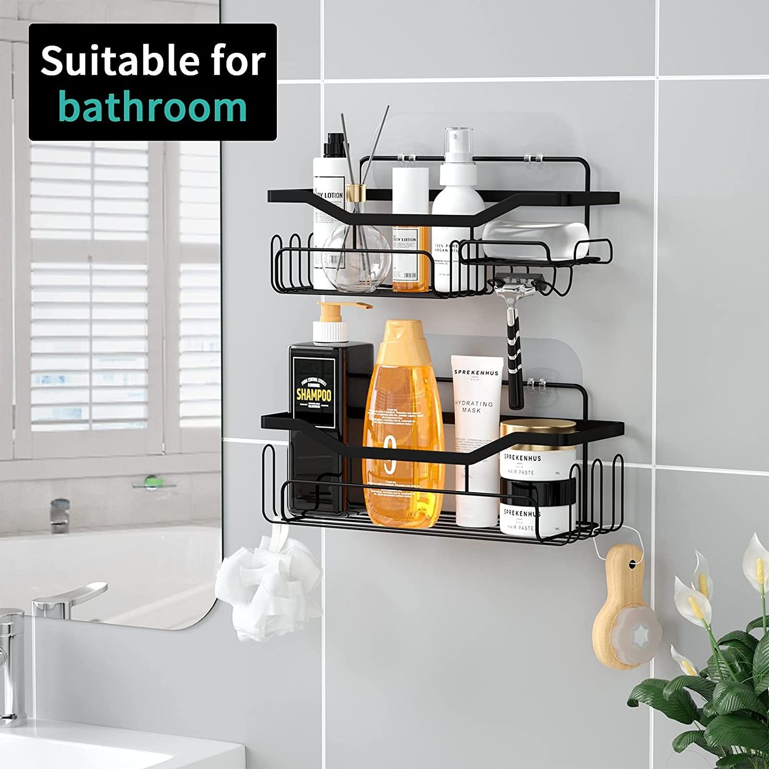 Shower Caddy Shower Organizer Hang on Wall Black Dual Tiers Basket Shelves