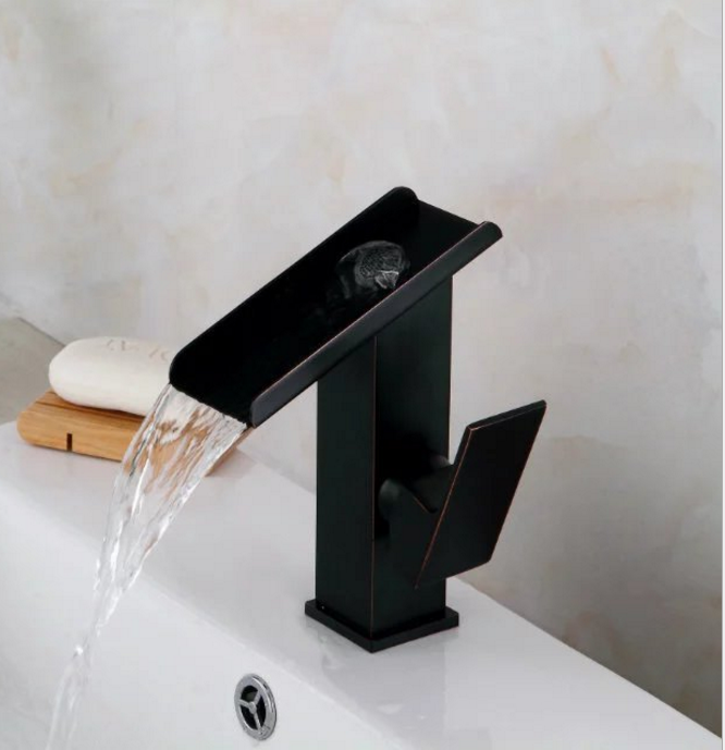 LED Waterfall Sink Taps Black New Square Water Tap Bath Deck Mounted Basin Faucet