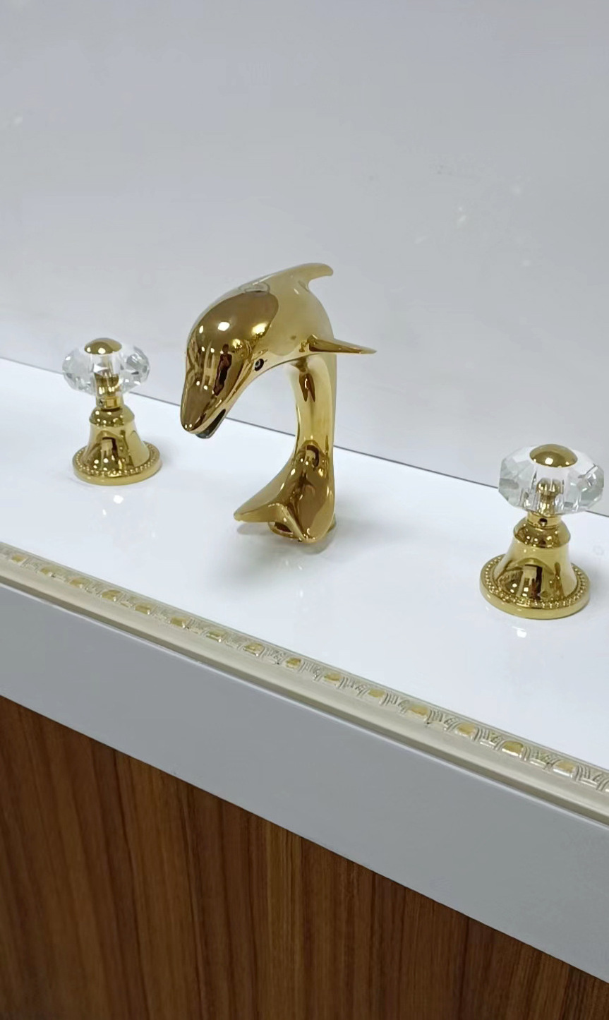 2 Crystal Handles 3-Hole 8-Inch Vanity Basin Mixer Tap Dolphin Gold Bathroom Faucet