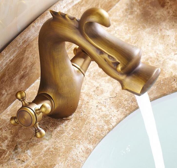 Antique Brass Dragon Style Double Handles Bathroom  Sink Faucet