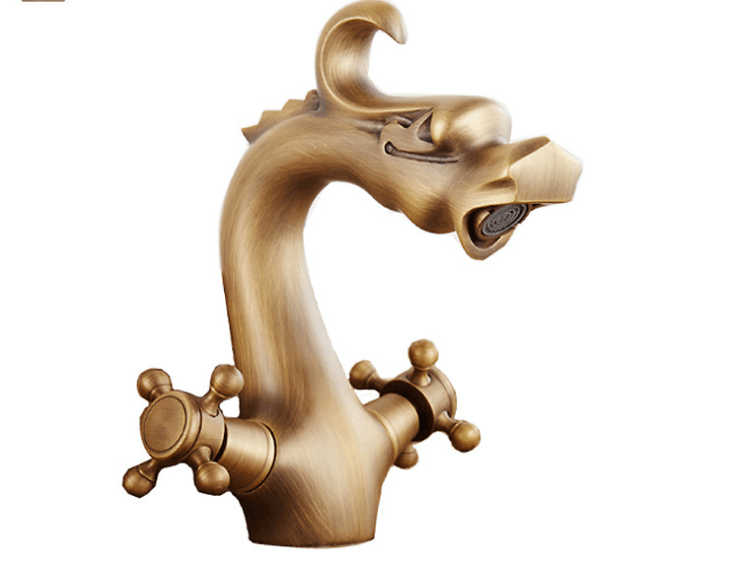 Antique Brass Dragon Style Double Handles Bathroom  Sink Faucet