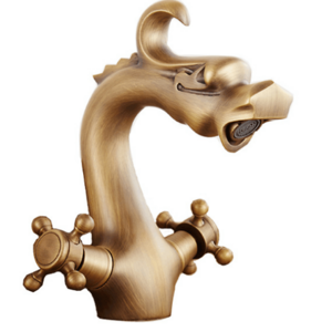 Antique Brass Dragon Style Double Handles Bathroom  Sink Faucet