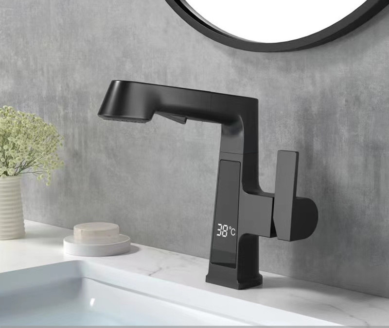 LED Temperature Digital Display Faucet Pull Out Sprayer Bathroom Faucet