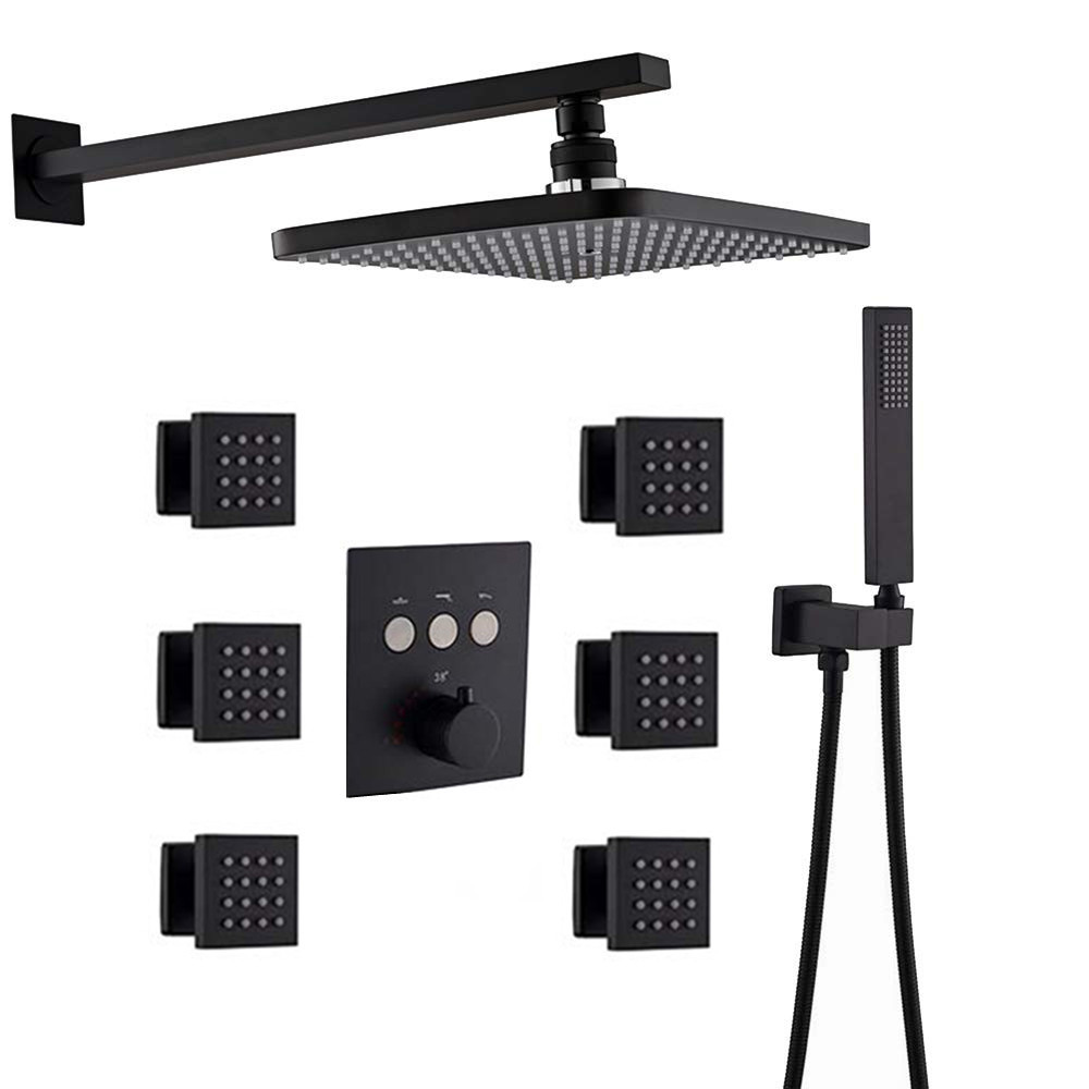 New Design Bathroom Thermostatic Brass Black Shower Set With 6 PCS Body Jets