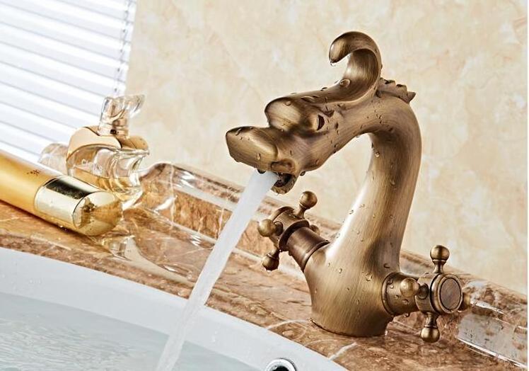 Antique Brass Dragon Style Double Handles Bathroom  Sink Faucet