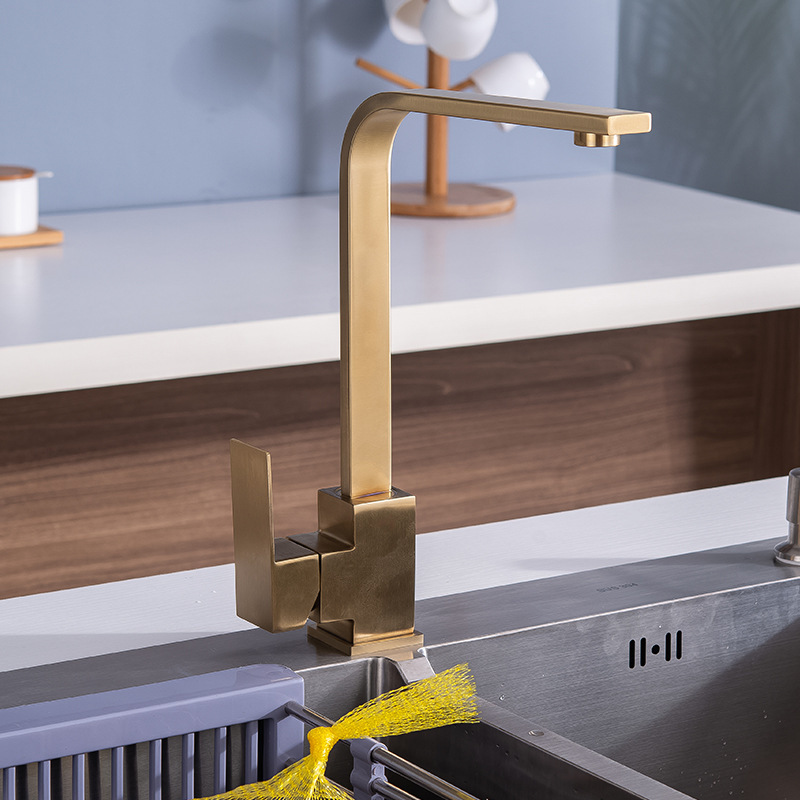 Modern Square Kitchen Tap Brushed Gold Sink Faucets Hot And Cold Mixers