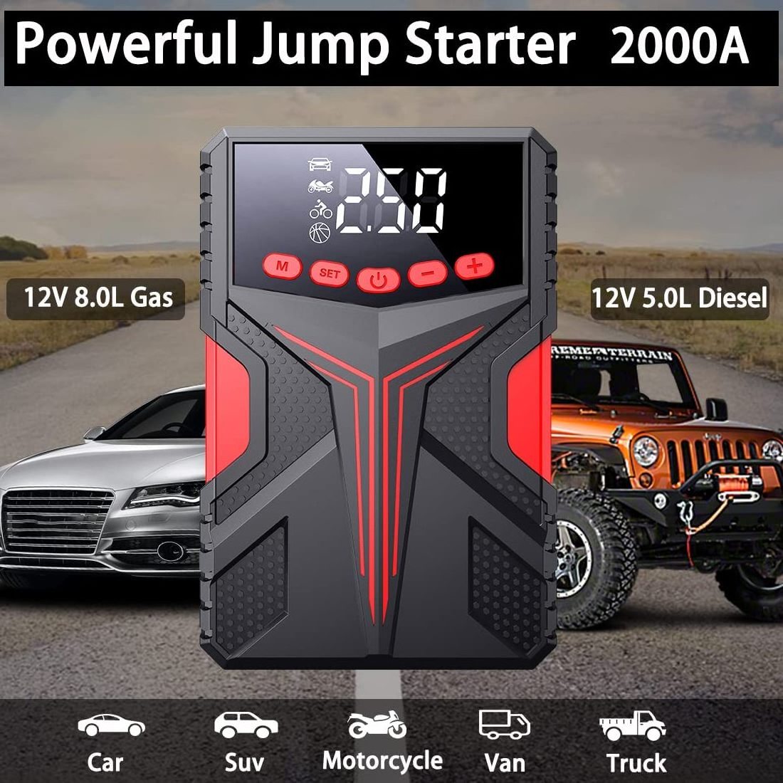 4 In 1 Functions 2000A Portable Jump Starter Battery Pack with Air Compressor Jump Box Air Tire Pump Tire Inflator