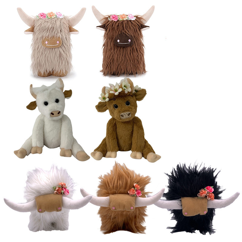 Factory wholesale 7 styles of Highland Cow Scottish yak cartoon long-haired cattle animal dolls for children gift